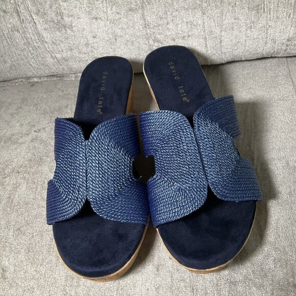 David Tate Vibe Wedge Heeled Sandals Navy Blue Rayon Sz 9.5 WIDE Vacation Comfy - Picture 3 of 12